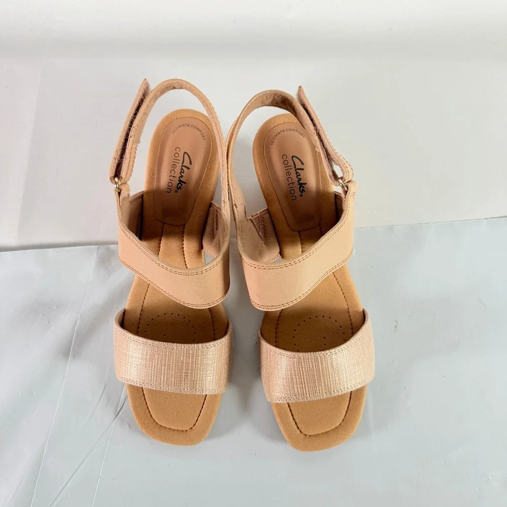 Clarks Kyarra Faye Warm Beige Leather Wedge Sandals Womens 8.5 W